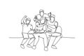 Single continuous line drawing young happy group fans siting on sofa and watching their favorite club playing the match on the