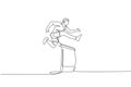 Single continuous line drawing of young happy health runner man jump running through hurdle barrier at run track. Run sport