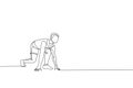 Single continuous line drawing of young happy health sprinter man ready at pole start position to run in run track. Sport and Royalty Free Stock Photo
