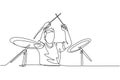 Single continuous line drawing of young happy male drummer performing to play drum on music concert stage. Musician artist Royalty Free Stock Photo
