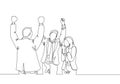 Single continuous line drawing of young happy male and female company founder punch fist to the air after company get investment