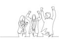 Single continuous line drawing of young happy male and female company founder punch fist to the air after company get investment.