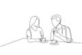 Single continuous line drawing of young happy male and female couple doing romantic date and dinner together at coffee shop