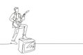 Single continuous line drawing of young happy male guitarist playing electric guitar while step on sound amplifier. Trendy