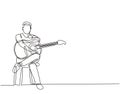 Single continuous line drawing of young happy male guitarist sitting after playing acoustic guitar on chair. Trendy musician