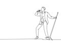 Single continuous line drawing of young happy male pop singer holding microphone and singing on music festival stage. Musician Royalty Free Stock Photo