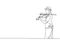 Single continuous line drawing of young happy male violinist wearing a hat and performing to play violin on music concert.