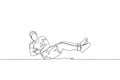 Single continuous line drawing of young happy man exercising. Russian twist movement in sport center gym club. Sport training