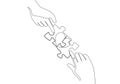 Single continuous line drawing of young happy man and woman put the puzzle pieces together to form cute heart shape Royalty Free Stock Photo