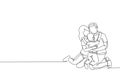 Single continuous line drawing of young happy mother and father hugging their lovely son together full of warmth. Happy family Royalty Free Stock Photo