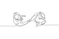 Single continuous line drawing of young happy muslim business man handshake his partner top view. Arab middle east businessmen