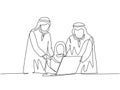 Single continuous line drawing of young happy muslim workers watching business training video on laptop. Arab middle east cloth Royalty Free Stock Photo