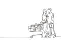 Single continuous line drawing young happy romantic couple pushing trolley and shopping daily goods together at hypermarket.