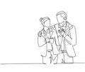 Single continuous line drawing of young happy romantic couple worker celebrate their anniversary after office hour. Wedding