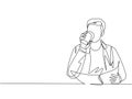 Single continuous line drawing of young happy startup manager reading economic news on business newspaper while holding mug