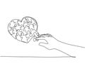 Single continuous line drawing of young happy woman put the puzzle pieces together to cute heart shape form. Romantic game of love