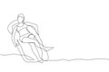 Single continuous line drawing of young happy woman tanning and relaxing at air mattress in swimming pool center. Summer holidays