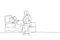 Single continuous line drawing of young Islamic mother read story book to her son before sleeping. Arabian muslim happy family