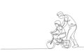 Single continuous line drawing of young kids boy learning ride bicycle with father at outdoor park. Parenthood lesson. Family time