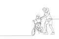 Single continuous line drawing of young kids boy learning ride bicycle with mother at outdoor park. Parenthood lesson. Family time