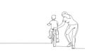 Single continuous line drawing of young kids boy learning ride bicycle with mother at outdoor park. Parenthood lesson. Family time