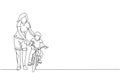 Single continuous line drawing of young kids boy learning ride bicycle with mother at outdoor park. Parenthood lesson. Family time