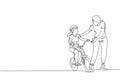 Single continuous line drawing of young kids girl learning ride bicycle with mother at outdoor park. Parenthood lesson. Family