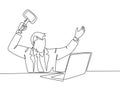 Single continuous line drawing of young madness businessman ready to smack his laptop using big hammer at the office. Business Royalty Free Stock Photo