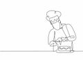 Single continuous line drawing of young male chef decorating birthday pastry cake with whipping cream on restaurant kitchen.