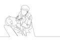 Single continuous line drawing of young male dentist examining patient teeth condition and doing tooth filling. Medical health