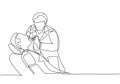 Single continuous line drawing of young male dentist examining patient teeth condition and doing tooth filling. Medical health