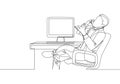 Single continuous line drawing of young male director sitting on work chair and calling his managers in front of computer