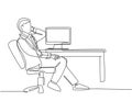 Single continuous line drawing of young male director sitting on work chair and calling his managers in front of computer.