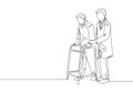 Single continuous single line drawing of young male doctor give help to the patient to walk therapy using crutch at hospital