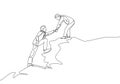 Single continuous line drawing of young male energetic businessman holding hands his partner to help climbing the hill. Teamwork