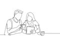 Single continuous line drawing of young male and female couple discussing household monthly bills together. After marriage life