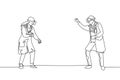 Single continuous line drawing of young male and female doctor ready to punch each other while playing simulation game. Virtual