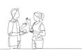 Single continuous line drawing of young male and female workers talking together while office break time. Drinking coffee or tea Royalty Free Stock Photo