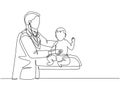 Single continuous line drawing of young male pediatric doctor examining heart beat cute toddler patient with stethoscope. Medical