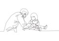 Single continuous line drawing of young male pediatric doctor giving injection to toddler girl patient at hospital. Medical health