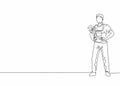 Single continuous line drawing of young male plumber pose standing ang holding pipe wrench. Professional work job occupation. Royalty Free Stock Photo