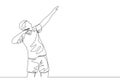 Single continuous line drawing of young male sporty football player raises his hands up to the sky on the field. Match soccer goal Royalty Free Stock Photo