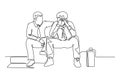 Single continuous line drawing young male worker hugging and cheering his sad and despair office friend. Work partner business