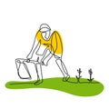 Single continuous line drawing young man digging ground using hoe at his home garden. A male takes care of his plants. Happy Royalty Free Stock Photo