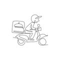 Single continuous line drawing young man driving motorcycle carrying box for food delivery service logo label. Restaurant food Royalty Free Stock Photo