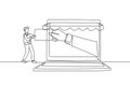 Single continuous line drawing young man inserting credit card into large canopy laptop screen and accepted by hand. Digital Royalty Free Stock Photo
