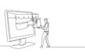 Single continuous line drawing young man receives package box from large canopy monitor screen and hands it over. Digital delivery Royalty Free Stock Photo