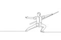 Single continuous line drawing of young man wushu fighter, kung fu master in uniform training with long staff at dojo center. Royalty Free Stock Photo