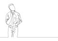 Single continuous line drawing of young manager looking up to the sky and thinking business strategy at the office. Business