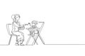 Single continuous line drawing young mom feeding her daughter a meal who sit at baby dining chair, happy parenting. Family loving Royalty Free Stock Photo